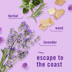 Close-up flatlay of lavender sprigs, wood chips and herbs on a purple background with text 'escape to the coast'