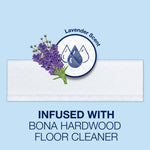 Illustration of a single quilted white cleaning pad with lavender sprig and badge reading lavender scent, on a light blue background.