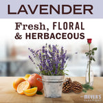 Lavender-themed graphic with potted lavender, citrus, pinecones and text describing scent as fresh, floral & herbaceous