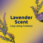 Graphic with lavender sprigs and purple flowers on a yellow gradient background reading Lavender Scent and long lasting freshness.