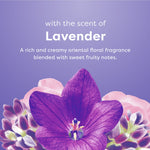 Graphic panel reading 'with the scent of Lavender' over a large purple flower and softer pink blooms on a lavender background.