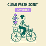 Illustration of a woman riding a bicycle with lavender flowers and label reading “Clean Fresh Scent Lavender”