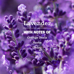 Close-up photograph of lavender flowers with overlaid text listing scent notes like orange peels, herbs, cedar and rose.