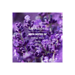 Close-up lavender flower background with text listing scent notes like orange peels, herbs, cedar and rose