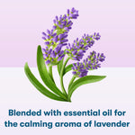 Illustration of lavender sprigs above text describing the product’s lavender essential oil aroma