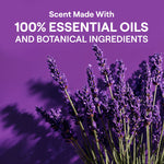 Close-up of lavender sprigs on a purple background with text noting scent made from 100% essential oils and botanical ingredients