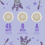 Three circular vents of the air freshener over lavender graphics with text highlighting 45 days and zero mess