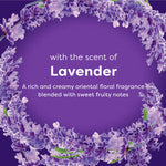 Circular lavender wreath graphic with text describing the scent of lavender on a purple background