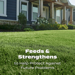 Close-up lawn scene with a home in the background and overlaid text about feeding and strengthening the turf to protect against problems.