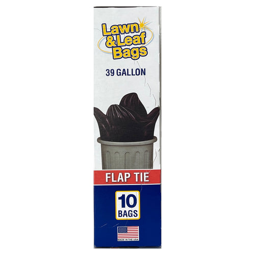 Tall vertical view of Lawn & Leaf Bags packaging displaying brand logo, 39 gallon text and flap tie 10 bags badge.