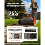 Person pushing a lawn sweeper on a path with graphic claiming 75% less pushing effort and comparison panels of V-shaped vs straight-line brushes.