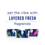 Promotional text "set the vibe with LAYERED FRESH fragrances" with small product images of Glade Fresh collection at the bottom