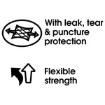 Black icon and text graphic stating ‘With leak, tear & puncture protection’ and ‘Flexible strength’ on white background