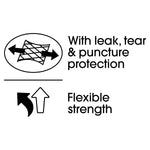 Black icons and text stating ‘With leak, tear & puncture protection’ and ‘Flexible strength’ on white background