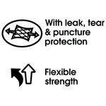 Black icons and text reading ‘With leak, tear & puncture protection’ and ‘Flexible strength’ on white background