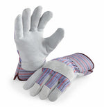 Pair of leather-palm work gloves with suede palm and striped safety cuffs, one glove shown palm-up and one laid down