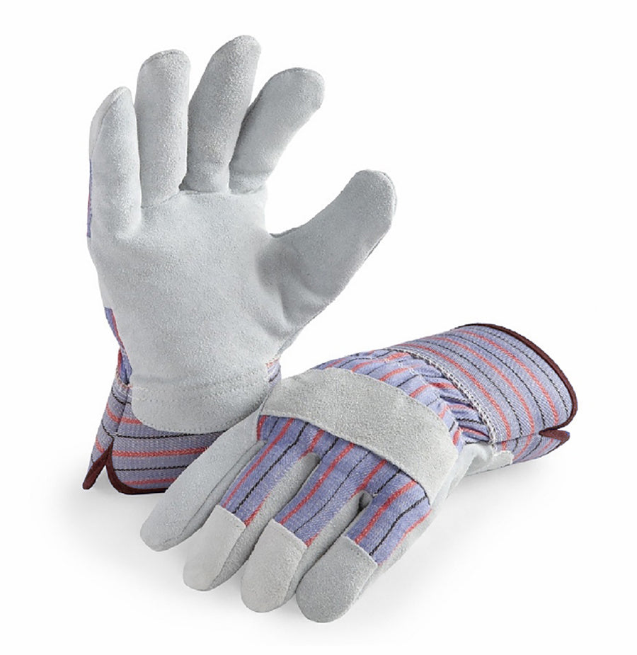 Pair of leather-palm work gloves with suede palm and striped safety cuffs, one glove shown palm-up and one laid down