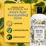 Yellow infographic panel listing 'Leave Your Loo Smelling Like' with images and labels for lemons, lemongrass, bergamot beside a Poo-Pourri bottle.