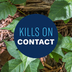 Close-up of green leaves with circular badge overlaid reading 'Kills on Contact' in bold type