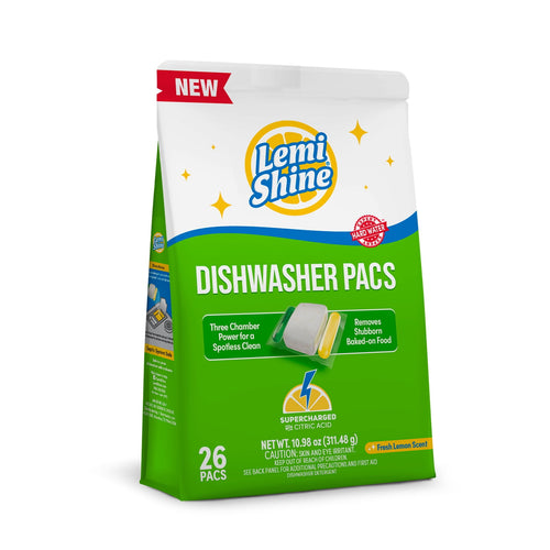 Isolated product shot of Lemi Shine Dishwasher Pacs green bag on a white background