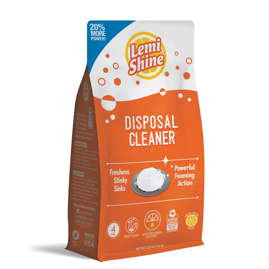 Orange-and-white Lemi Shine Disposal Cleaner pouch showing brand logo, product name and foaming tablet illustration on front