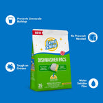 Lemi Shine Dishwasher Pacs bag on blue background with icons highlighting features like water soluble film