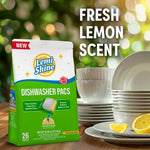 Lemi Shine Dishwasher Pacs bag beside stacked dishes and lemon wedges with 'Fresh Lemon Scent' text