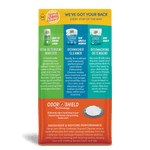 Back of Lemi Shine package with three product panels, Odor Shield information and small illustration of a disposal cleaning tablet