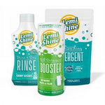 Product grouping showing Lemi Shine rinse aid, booster bottle, and a detergent pouch displayed together.