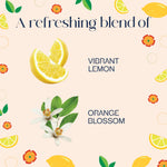 Graphic showing lemon wedge and orange blossom with text describing a refreshing blend and vibrant lemon scent