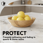Wood bowl of lemons on a polished stone countertop with text about protecting against yellowing