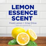 Graphic panel with large text ‘Lemon Essence Scent’ above lemons and leaves on a tiled countertop