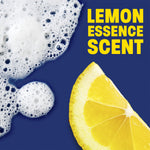 Close-up graphic of lemon wedge and soap suds on a dark blue background with text “LEMON ESSENCE SCENT”