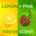 Split yellow and green panel with a lemon half on the left and a pine cone with needles on the right reading 'lemon + pine fresh scent'