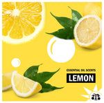 Graphic of lemon slices and leaves on a yellow background with label reading essential oil scents: lemon
