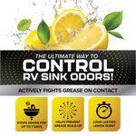Graphic of lemon slices with splash and bold text promoting control of RV sink odors