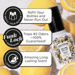Promotional graphic with sliced lemons and a Poo-Pourri bottle featuring badges reading 'Refill Your Bottle', 'Funk Lock', and 'Long-Lasting'.