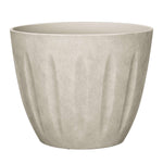Neutral sand polyresin planter showing fluted vertical texture and wide open rim