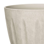 Close-up view of sand textured polyresin planter showing rim and vertical fluted detail