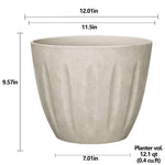 Sand polyresin planter with printed dimensional measurements and capacity callouts