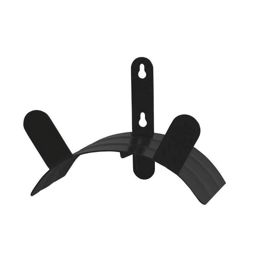 Black metal wall-mounted hose hanger with three curved arms and vertical mounting plate, isolated on white.