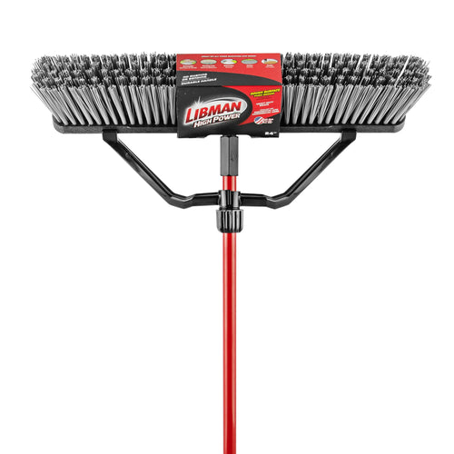 Close-up front view of a Libman 24-inch heavy-duty push broom head with dense black and gray bristles and red handle