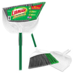Libman angle broom and white dustpan with green steel handle shown on white background