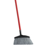 Full-length view of a Libman angle broom showing the red steel handle and angled black broom head with gray bristles on white background