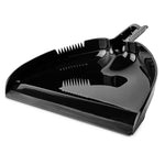 Black plastic dustpan shown alone on white background with serrated edge and built-in handle holder