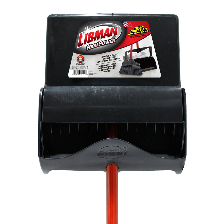 Close-up front view of a black Libman dustpan with red handle and branded label on white background