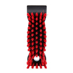 Close-up overhead shot of dense red bristles on a black Libman scrub brush