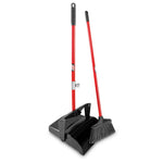 Libman lobby broom and matching black dustpan with red steel handles shown standing together on white background