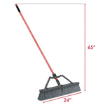 Angled product image of a Libman push broom with red handle and graphic dimensions showing 24-inch head and 65-inch height