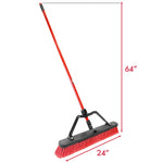 Red-handled Libman push broom shown at angle with 24" brush width and 64" height dimensions illustrated